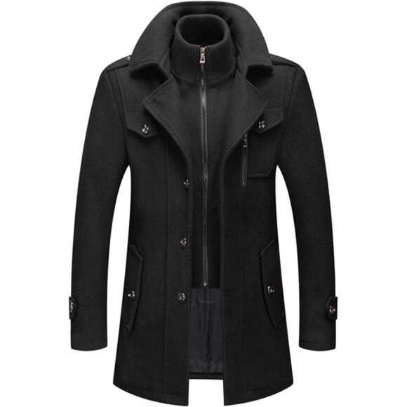 Men's Thermal Single Breasted Wool Blend Coat Peacoat with Detachable Zipper - Picture 1 of 5